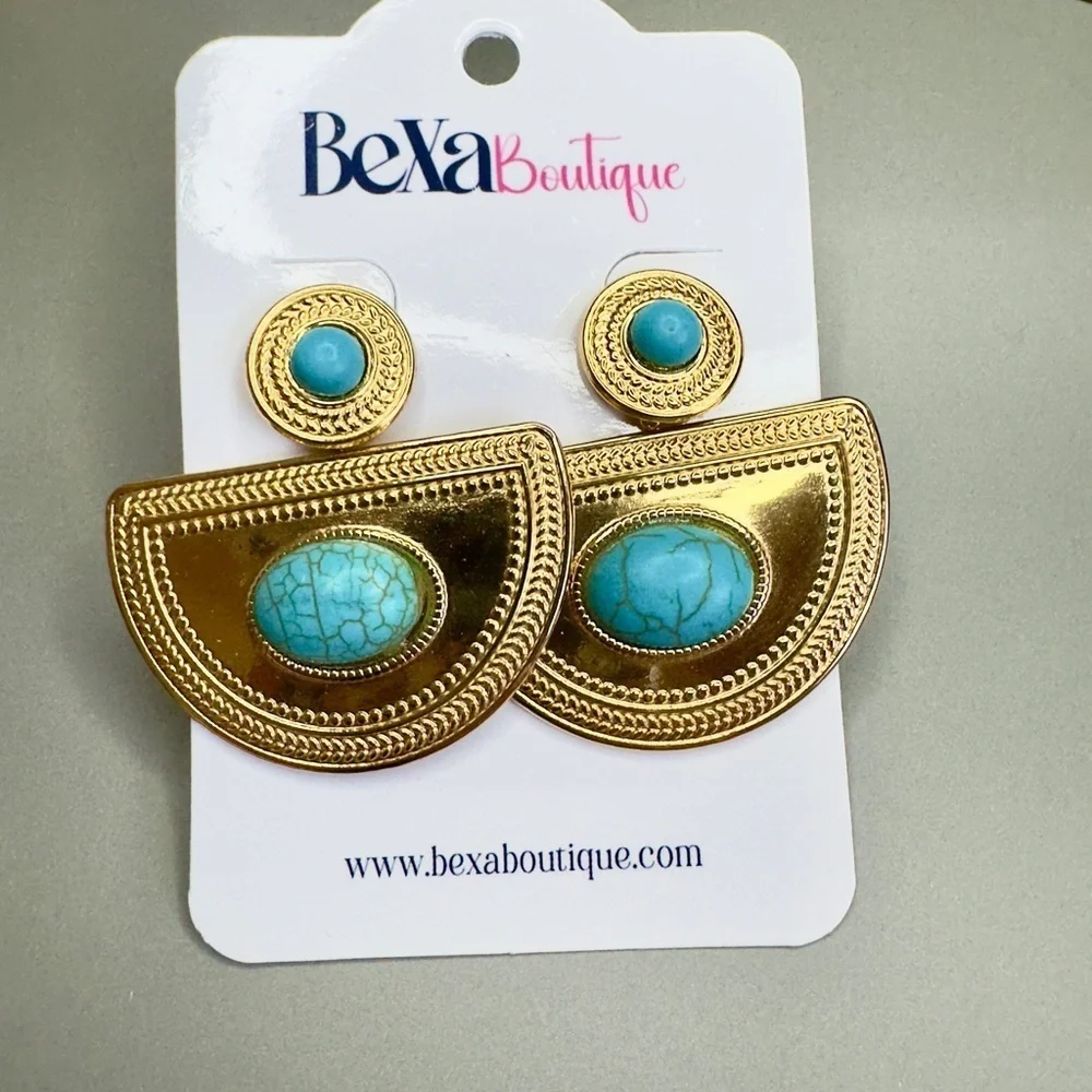 Bold Gold and Blue Statement Earrings with Geometric Design